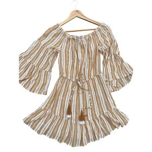 Blue Island Beach Mustard White Striped Off Shoulder Romper Small NWT Summer